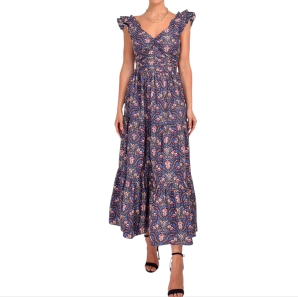 Caroline Constas Blue Pink Palsy Floral Maxi Dress with Ruffle Sleeves Sz M New